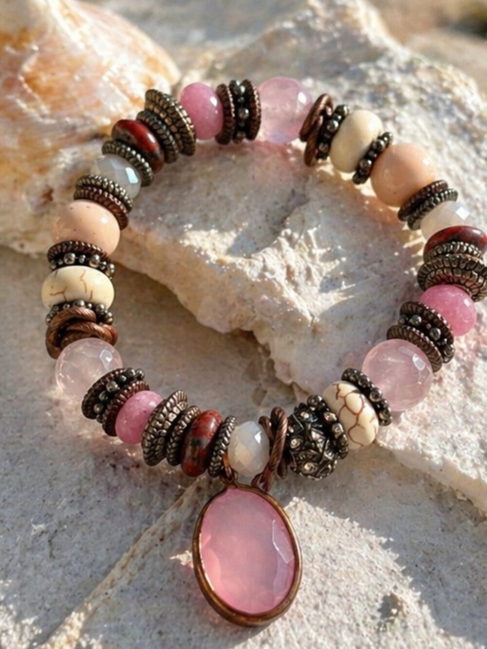 Pink Stone Charm Bracelet | Mixed Bead Stretch Bracelet | Boutique Statement